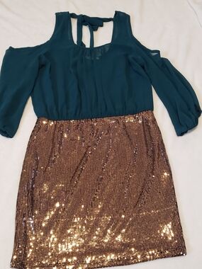 Must Have Teal Chiffon Cold-Shoulder Top with Bronze Sequin Skirt Dress